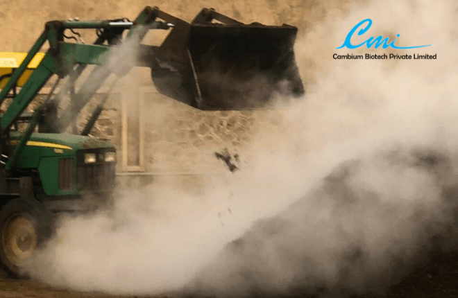 A tractor moving compost for growing button mushrooms